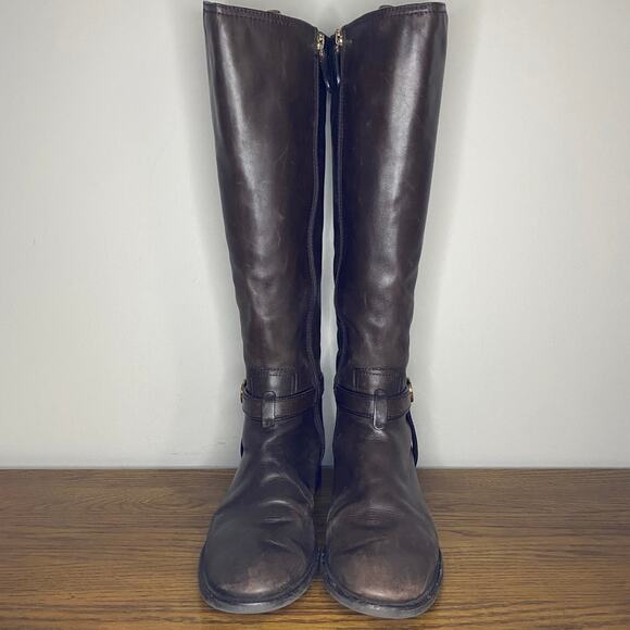 Tory Burch Bristol Brown Coconut Leather Gold Reva Tall Harness Riding Boots 10M - Picture 2 of 7